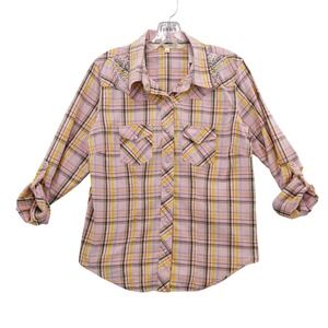 Cumberland Outfitters Plaid Pearl Snap Western Shirt Studded Metallic Thread‎ M